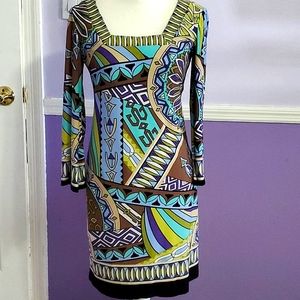 Muse 90s Retro Blue Green Abstract Print Square Neck Stretchy Shift Mini Dress